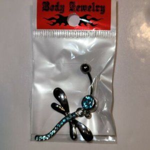 Dragonfly Gem Dangle 316L Surgical Steel Belly Button Navel Ring Aqua